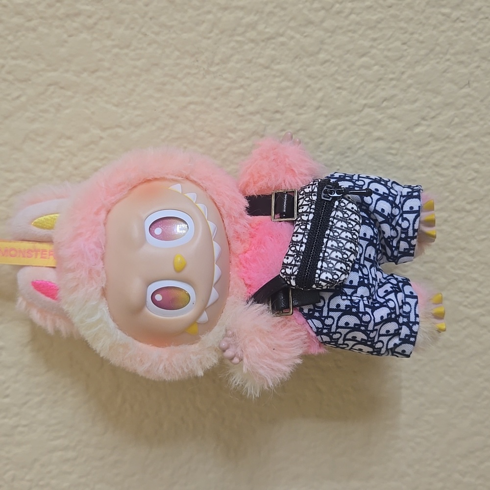 Labubu Clothes - Blue And White Overalls With Black And White Belt Bag